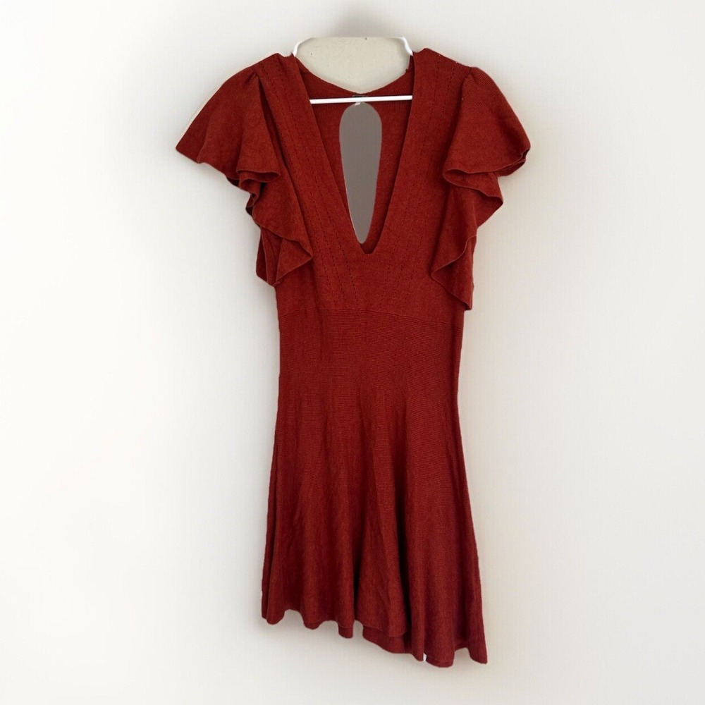 Free People Cozy Nights Sweater Dress M Flounce Ruffle‎ Burnt Orange Boho Knit